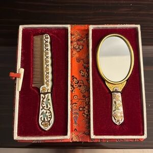Vintage Enamel Comb and Mirror Set